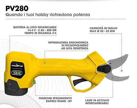 VOLPI KV280 Ηλεκτρικό Ψαλίδι Κλαδέματος Μπαταρίας Με Ενσωματωμένη Μπαταρία Λιθίου 14.4V - 22mm